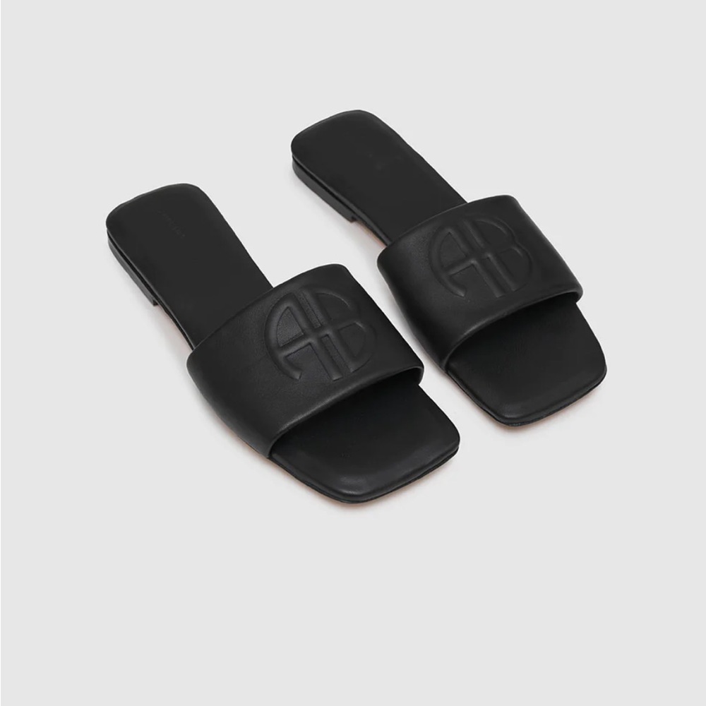 Anine Bing Black Embossed Logo Slide Sandals